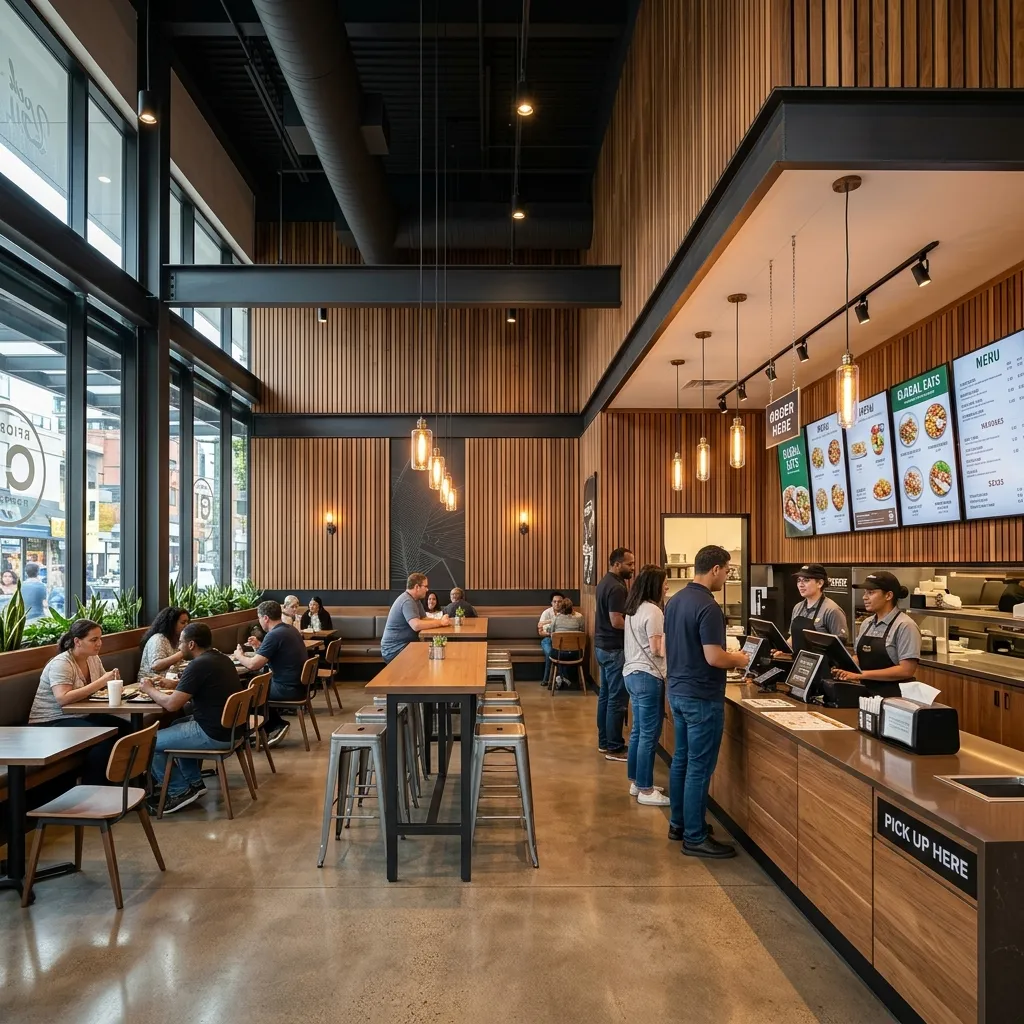 Restaurant interior with a wood-clad order counter, pendant lighting and dining tables — A&W — FLEETWOOD, BC