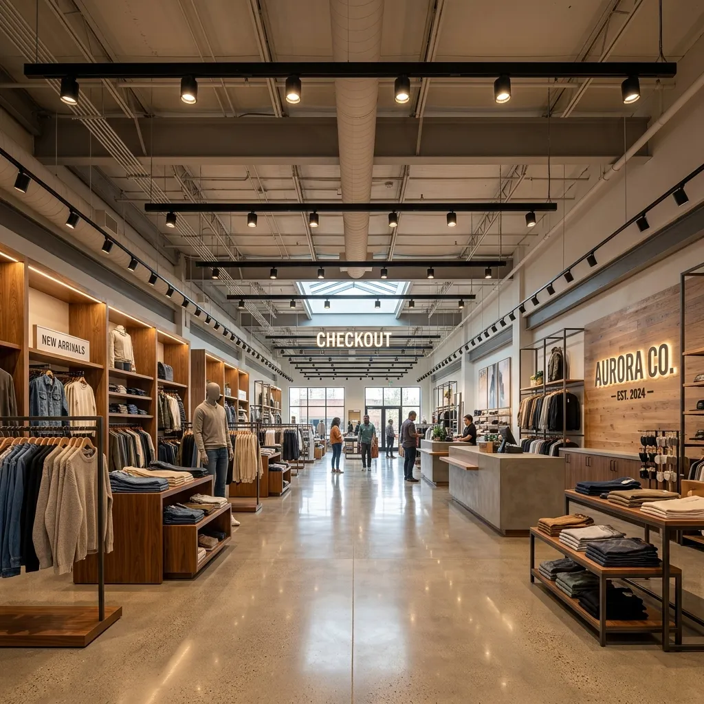 Clothing store with display racks, timber shelving and exposed ceiling services — MARK'S — GUILDFORD, BC