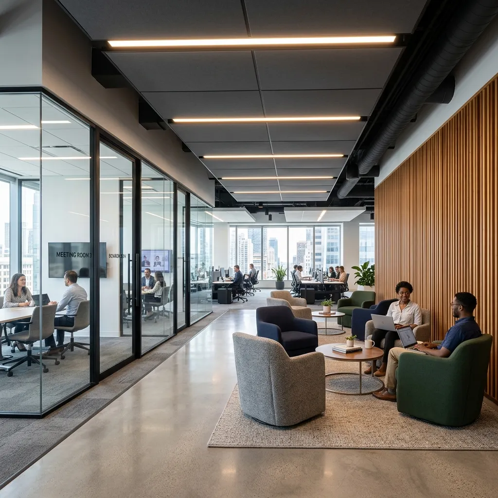 Office lounge with glass partitions, soft seating and linear ceiling lighting — TELUS — SURREY, BC